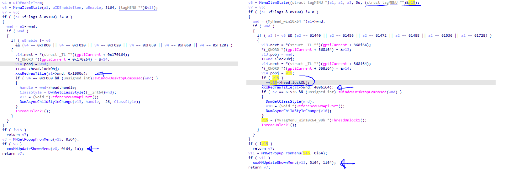 Decompiled text of xxxEnableMenuItem before patch and after